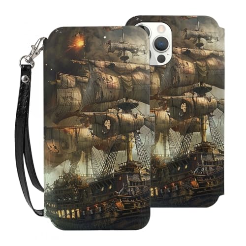 VVTDESA Coole Piratenschiff-bedruckte Brieftaschen-Schutzhülle für iPhone 12 Pro Max, 17,0 cm (6,7 Zoll), mit Kartenhalter, PU-Leder, Kartenfächer, Klapphülle mit Handschlaufe, Weiß von VVTDESA