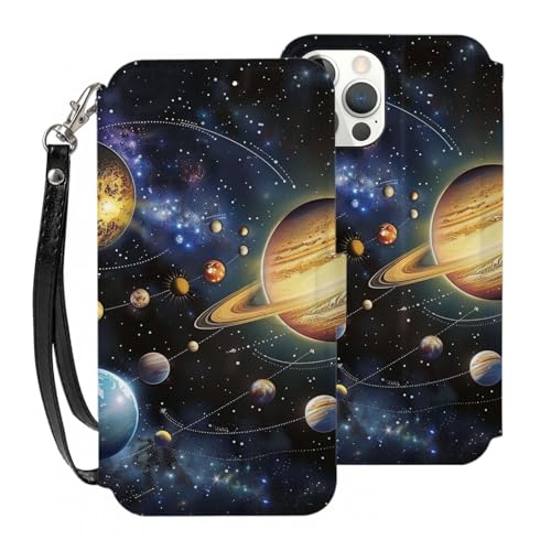 VVTDESA Exploring The Solar System Bedruckte Brieftaschen-Schutzhülle für iPhone 12 Pro, 15,5 cm (6,1 Zoll), mit Kartenhalter, PU-Leder, Kartenfächer, Klapphülle mit Handschlaufe, Weiß von VVTDESA