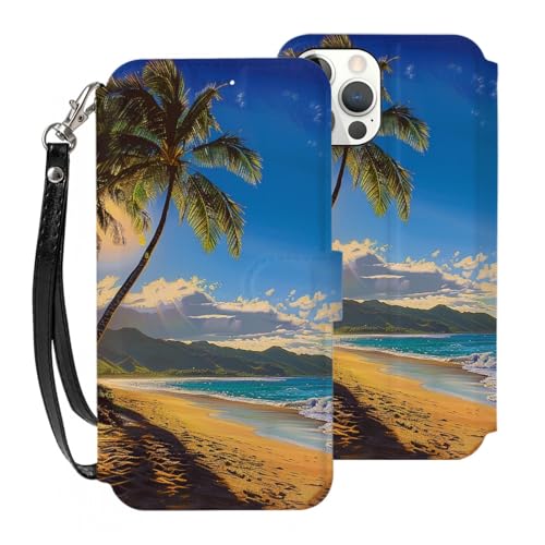 VVTDESA Hawaii Beach bedruckte Brieftaschen-Schutzhülle für iPhone 12 Pro Max, 17,5 cm (6,7 Zoll), mit Kartenhalter, PU-Leder, Kartenfächer, Klapphülle mit Handschlaufe, Weiß von VVTDESA