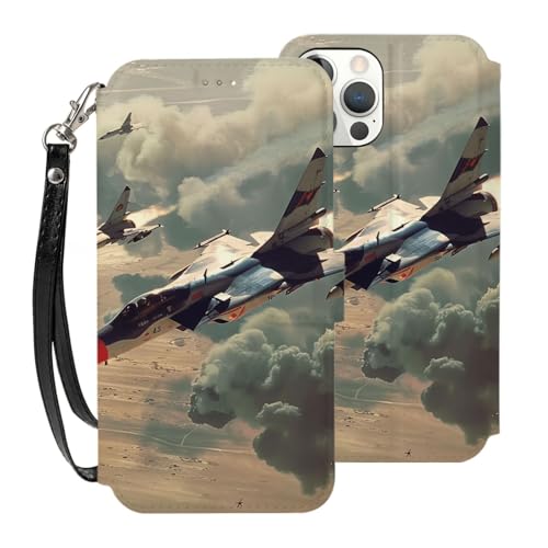 VVTDESA Jet Fighter Bedruckte Brieftaschen-Schutzhülle für iPhone 12 Mini, 13,7 cm (5,4 Zoll), mit Kartenfächern, PU-Leder, Kartenfächer, Klapphülle mit Handschlaufe, Weiß von VVTDESA