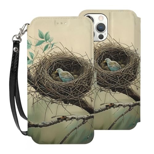 VVTDESA Outdoor Bird Home bedruckte Brieftaschen-Schutzhülle für iPhone 12 Pro Max - 17,5 cm (6,7 Zoll) mit Kartenhalter, PU-Leder, Kartenfächer, Klapphülle mit Handschlaufe, Weiß von VVTDESA