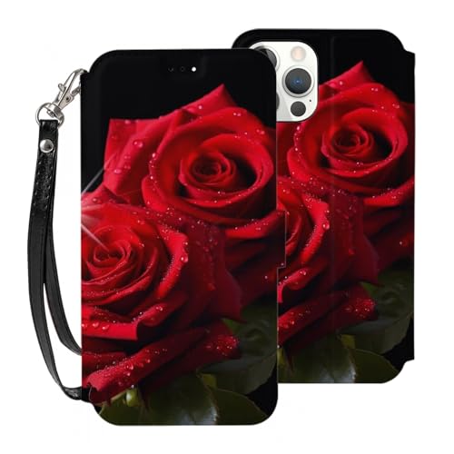 VVTDESA Rote Rosen bedruckte Brieftaschen-Schutzhülle für iPhone 12 Pro Max, 17,5 cm (6,7 Zoll), mit Kartenhalter, PU-Leder, Kartenfächer, Klapphülle mit Handschlaufe von VVTDESA