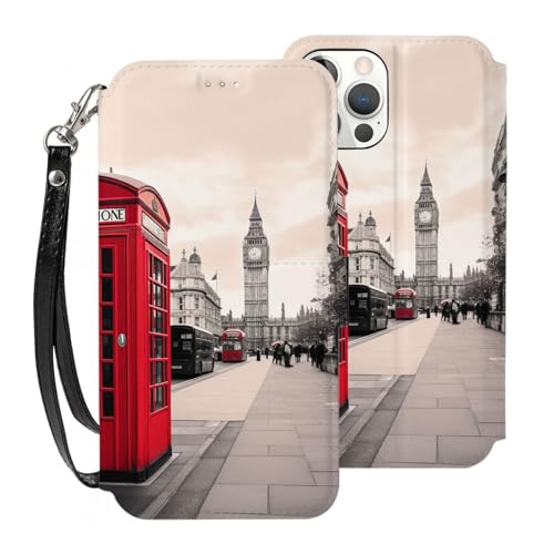 VVTDESA Schutzhülle für iPhone 12 Mini, 13,7 cm (5,4 Zoll), Motiv: Londoner Straße, mit Kartenfächern, PU-Leder, mit Handschlaufe, Rot von VVTDESA
