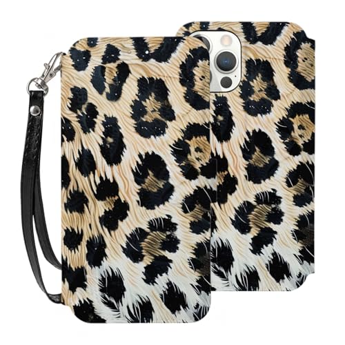 VVTDESA Schutzhülle für iPhone 12 Mini (13,7 cm (5,4 Zoll), Leopardenmuster, Kartenfächer, PU-Leder, Kartenfächer, Klapphülle mit Handschlaufe von VVTDESA