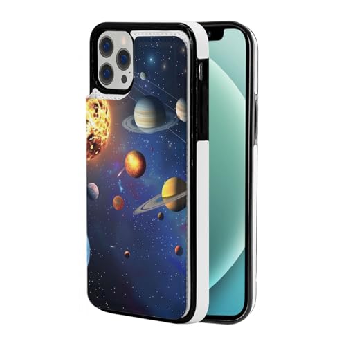 VVTDESA Schutzhülle für iPhone 12 Mini (5,4 Zoll), Motiv: Weltraum, Sonnensystem, bedruckt, mit Kartenhalter, PU-Leder, Kartenfächer, Klapphülle, Weiß von VVTDESA