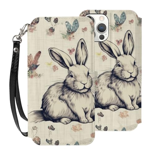 VVTDESA Schutzhülle für iPhone 12 Mini mit Kaninchen-Hintergrund, 13,7 cm (5,4 Zoll), mit Kartenhalter, PU-Leder, Kartenfächer, Klapphülle mit Handschlaufe von VVTDESA