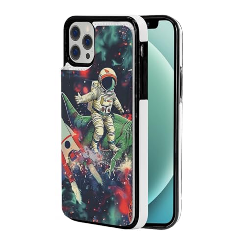 VVTDESA Schutzhülle für iPhone 12 Pro, Motiv: lustiger Astronaut, Dinosaurier-Rakete, 15,5 cm (6,1 Zoll), mit Kartenfächern, PU-Leder, Kartenfächern, Klapphülle von VVTDESA
