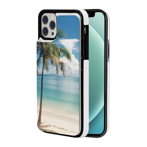 VVTDESA Schutzhülle für iPhone 12 Pro (6,1 Zoll), bedruckt, Motiv: Strand und Palme, mit Kartenhalter, PU-Leder, Kartenfächer, Klapphülle, Weiß von VVTDESA