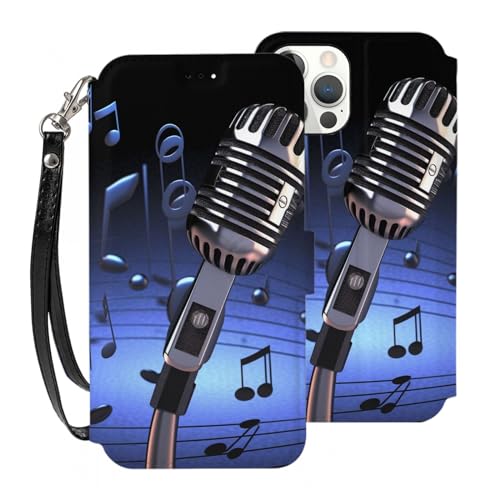 VVTDESA Schutzhülle für iPhone 12 Pro Max mit Mikrofon mit Musiknoten, 17,5 cm (6,7 Zoll), mit Kartenhalter, PU-Leder, Kartenfächer, Klapphülle mit Handschlaufe von VVTDESA