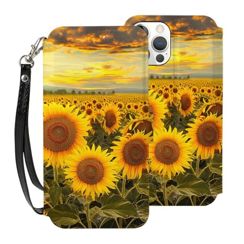 VVTDESA Schutzhülle für iPhone 12 Pro Max mit Sonnenblumen-Motiv, 17 cm (6,7 Zoll), mit Kartenhalter, PU-Leder, Kartenfächer, Klapphülle mit Handschlaufe von VVTDESA