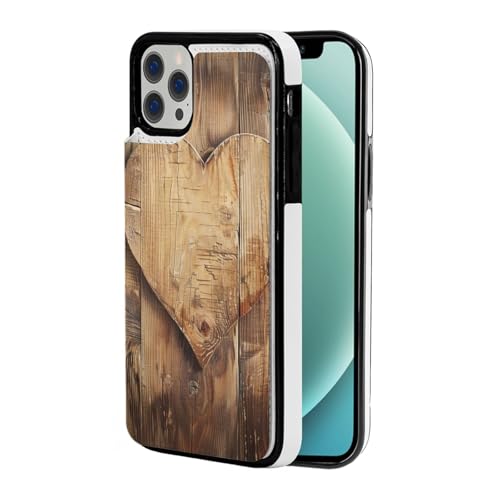 VVTDESA Schutzhülle für iPhone 12 Pro mit Holzherz, bedruckt, 15,5 cm (6,1 Zoll), mit Kartenhalter, PU-Leder, Kartenfächer, Klapphülle von VVTDESA