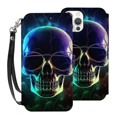 VVTDESA Schutzhülle für iPhone 12 Pro mit coolem Totenkopf-Motiv, 15,5 cm (6,1 Zoll), mit Kartenhalter, PU-Leder, Kartenfächer, Klapphülle mit Handschlaufe von VVTDESA