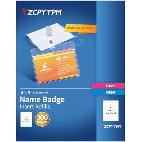 Namensschild-Einsatz, 7,6 x 10,2 cm, horizontal, weiß, bedruckbare Namensschild-Einlage für Namensschild-Halter, Laser-/Tintenstrahldrucker, insgesamt 300 Abzeichen (ohne Clip) von VZCPYTPM