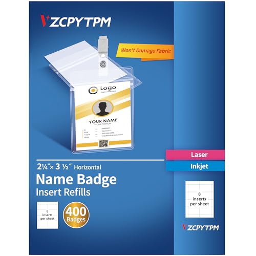 Personalisierbare Namensschild-Einsatz, 6,4 x 8,9 cm vertikal, weiß, bedruckbare Namensschild-Nachfüllpackungen für Namensschild-Halter, Laser-/Tintenstrahldrucker, insgesamt 400 Abzeichen (ohne Clip) von VZCPYTPM