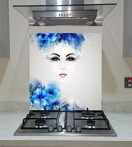 Spritzschutz mit abstrakten Frauen in Blau, Tafelküche, gehärtetes Glas, beliebige Größe, Vaartglas (Breite 60 x Höhe 70 /cm) von Va Art Glass