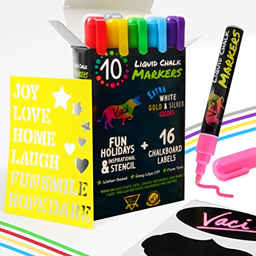 Vaci Markers Kreidemarker, Packung mit 10 +Zeichenvorlagen, 16 Etiketten und Tafel, flüssige Kreide-Neonstifte, Schilder, Fenster, umschaltbare Kugel- oder Meißelspitzen Vaci Markers Kreidemarker, Packung mit 10 +Zeichenvorlagen, 16 Etiketten und Tafel, flüssige Kreide-Neonstifte, Schilder, Fenster, umschaltbare Kugel- oder Meißelspitzen von Vaci Markers