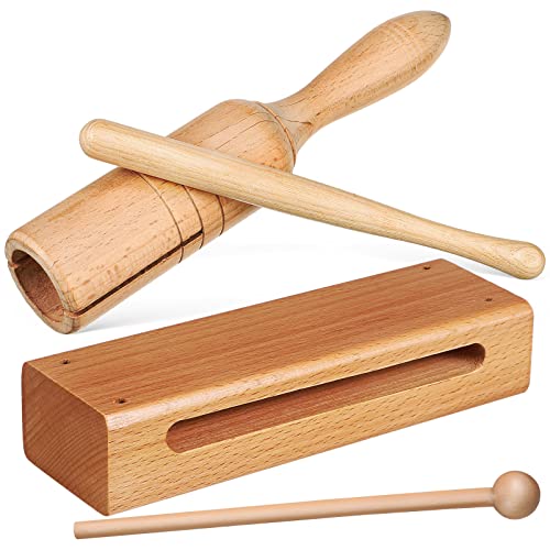 Vaguelly 2 Set Percussion Instrument, Wood Block mit Schlägel, Röhrentrommel mit Schlägel, Holz Trommel Kindergarten Orff Instrument, für Rhythmus Taktgefühl von Vaguelly