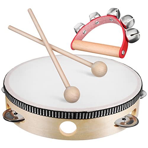 Vaguelly Kinder Percussion Set, Handtrommel Tambourin mit 2 Schlägel + Schellenkranz Glockenkranz mit 5 Metall-Schellen, Schlagwerk Instrumente für Kinder Erwachsene von Vaguelly