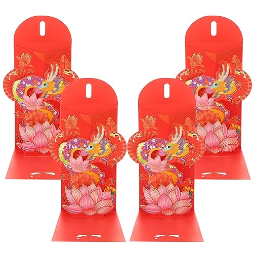 Vaguelly Umschlag 3D 2024 Neujahr Rote Umschläge 4 Stück Lotus Chinesische Goldfolie Charakter Jahr Des Drachen Fengshui Glücksumschlag Hong Bao Glücksgeld Rote Päckchen Für Frühlingsfest von Vaguelly