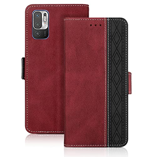 Vaitasy Handyhülle Xiaomi Redmi Note 10 5G, Premium PU Leder Schutzhülle mit Kartenfach Wallet Standfunktion Cover Magnetverschluss Hülle Kompatibel mit Xiaomi Poco M3 Pro, Rot von Vaitasy