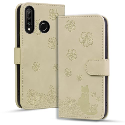 Vaitasy Handyhülle für Huawei P30 Lite Hülle Flip PU Leder Kirschblüten-Prägung Schutzhülle mit Magnetic Closure Kartenfach Wallet Lederhülle Huawei P30 Lite, Khaki Sakura Katze von Vaitasy