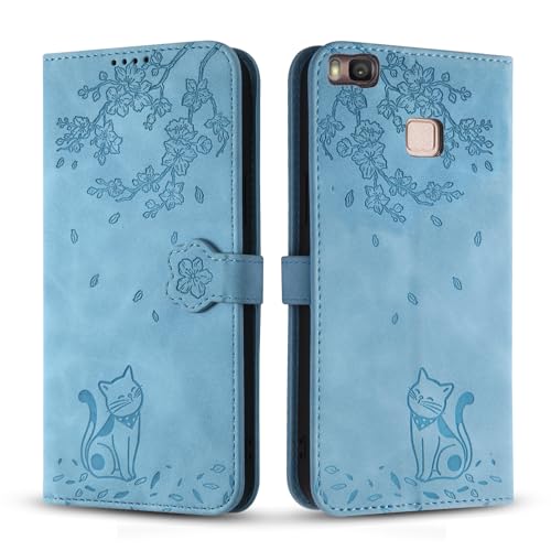 Vaitasy Handyhülle für Huawei P9 Lite, Premium PU Leder Cover mit Magnetic Closure Ständer Schutzhülle für P9 Lite - Blau Katze von Vaitasy