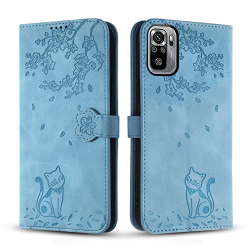Vaitasy Premium PU Leder Cover mit Magnetic Closure Ständer Schutzhülle für Xiaomi Redmi Note 10 4G/ Note 10S - Blau Katze von Vaitasy