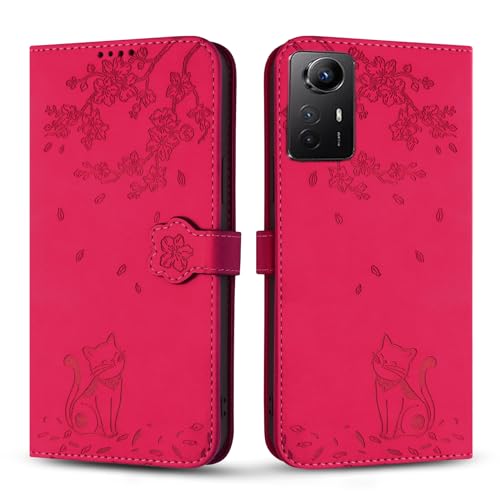 Vaitasy Handyhülle für Xiaomi Redmi Note 12S, Premium PU Leder Cover mit Magnetic Closure Ständer Schutzhülle für Redmi Note 12s - Rose Rot Katze von Vaitasy