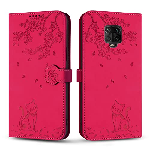 Vaitasy Handyhülle für Xiaomi Redmi Note 9S/ Note 9 Pro 4G, Premium PU Leder Cover mit Magnetic Closure Ständer Schutzhülle für Redmi Note 9 Pro 4g - Rose Rot Katze von Vaitasy