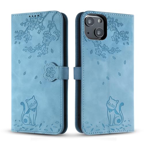 Vaitasy Handyhülle für iPhone 14/ iPhone 13, Premium PU Leder Cover mit Magnetic Closure Ständer Schutzhülle für iPhone 13 - Blau Katze von Vaitasy
