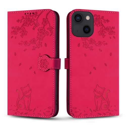 Vaitasy Handyhülle für iPhone 15, Premium PU Leder Cover mit Magnetic Closure Ständer Schutzhülle für iPhone 15 - Rose Rot Katze von Vaitasy