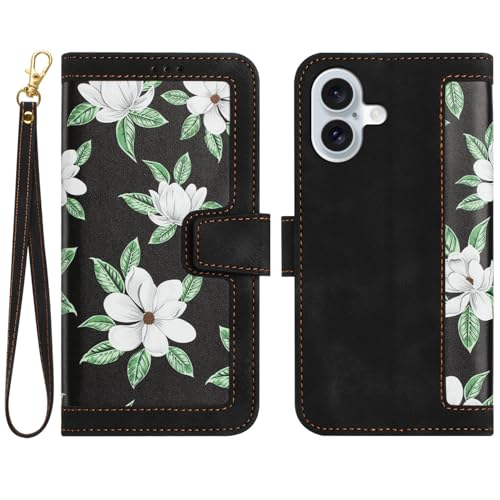Vaitasy Handyhülle für iPhone 16 Magnetverschluss Wallet Mehrere Kartenfächer Hülle Blumenmuster PU Leder Klapphülle für iPhone 16 Schutzhülle - Schwarz Blüten von Vaitasy