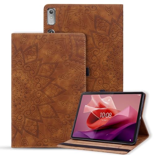 Vaitasy Hülle Lenovo Tab P12 12.7 Zoll 2023 Schutzhülle PU Leder Flip Book Cover mit Kartensteckplatz für Lenovo Tab P12 12.7" TB370FU - Mandala Braun von Vaitasy