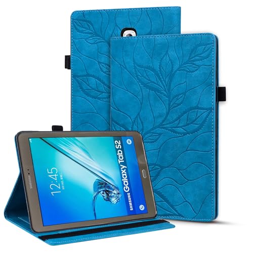 Vaitasy Hülle für Samsung Galaxy Tab S2 9.7 Zoll 2015, Pencil Stifthalter Hülle mit Geprägte Blätter PU Leder Schutzhülle für Galaxy Tab S2 9.7" SM-T810/T815 - Lebensbaum Blau von Vaitasy