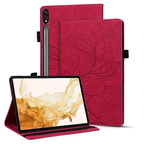 Vaitasy Hülle für Samsung Galaxy Tab S9 2023/ S8 2022/ S7 11 Zoll, Flip Book Hülle mit TPU-Rücken Stoßfest Schutzhülle für Galaxy Tab S9 FE 10.9" - Lebensbaum Rot von Vaitasy