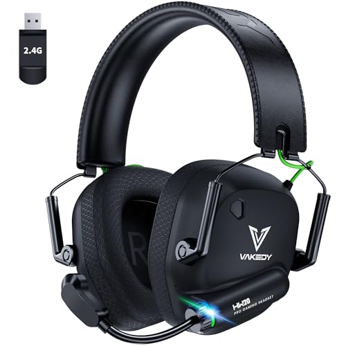 Vakedy Headset Wireless für PC,PS4,PS5,Mac,Switch, 2,4GHz USB Headset mit Mikrofon, Bluetooth Headset,50mm Treiber,50 Stunden Akkulaufzeit,niedrige Latenz,leicht (Schwarz/Grün) von Vakedy