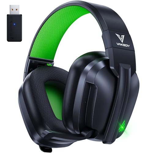 Vakedy HW11 Wireless Gaming Headset für PC,PS4,PS5,Mac,Switch,Wireless mit Bluetooth Mikrofon USB,Bluetooth Headset,Headset Mit Mikrofon Geräuschunterdrückung,50H+ Akkulaufzeit - Schwarz/Grün von Vakedy