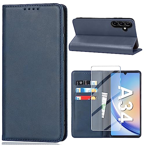 2023 Neu Handyhülle für Samsung Galaxy A34 5G Hülle mit Displayschutzfolie, Schutzhülle Galaxy A34 PU Leder Wallet Kartenfach Standfunktion Klapphülle Lederhüllen für Samsung A34 Case Cover (Blau) von Vaki