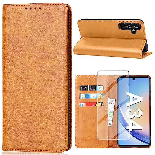 2023 Neu Handyhülle für Samsung Galaxy A34 5G Hülle mit Displayschutzfolie, Schutzhülle Galaxy A34 PU Leder Wallet Kartenfach Standfunktion Klapphülle Lederhüllen für Samsung A34 Case Cover (Gelb) von Vaki