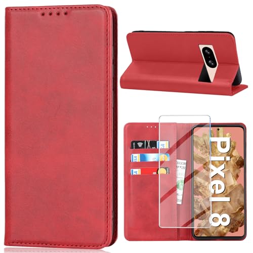 Handyhülle für Google Pixel 8 Hülle mit Displayschutzfolie, Schutzhülle Pixel 8 5G PU Lederhülle Wallet Kartenfach Standfunktion Stoßfest Klapphülle für Google 8 Flip Case Cover (Rot) von Vaki