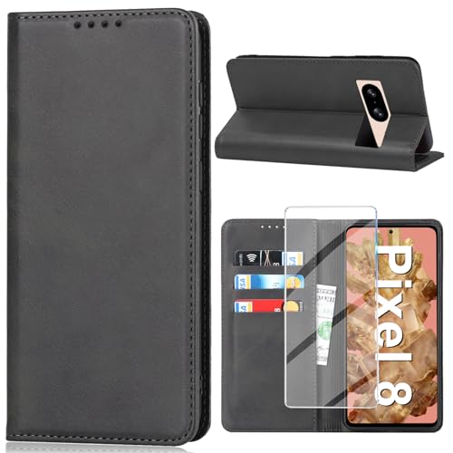 Handyhülle für Google Pixel 8 Hülle mit Displayschutzfolie, Schutzhülle Pixel 8 5G PU Lederhülle Wallet Kartenfach Standfunktion Stoßfest Klapphülle für Google 8 Flip Case Cover (Schwarz) von Vaki