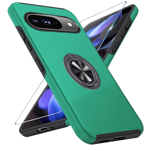 Handyhülle für Google Pixel 9/9 Pro Hülle mit Schutzfolie, Schutzhülle Pixel 9 Case mit Magnetischer Ring Ständer Kratzfest Fallfestigkeit Stoßfest für Google Pixel 9 Pro Cover (Grün) von Vaki