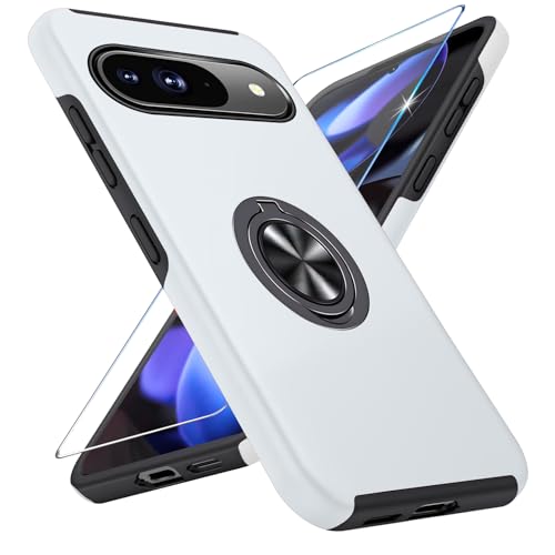 Handyhülle für Google Pixel 9/9 Pro Hülle mit Schutzfolie, Schutzhülle Pixel 9 Case mit Magnetischer Ring Ständer Kratzfest Fallfestigkeit Stoßfest für Google Pixel 9 Pro Cover (Silber) von Vaki