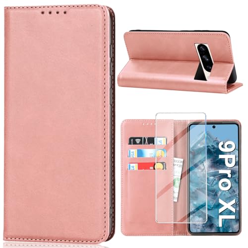 Handyhülle für Google Pixel 9 Pro XL Mit Displayschutzfolie, PU Lederhülle Wallet Kartenfach Standfunktion Klapphülle Flip Case Cover (Rosa) von Vaki