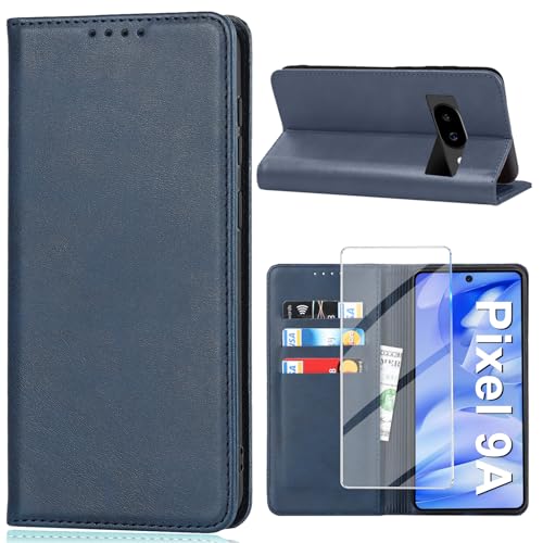 Handyhülle für Google Pixel 9A Hülle mit Displayschutzfolie, Schutzhülle Pixel 9A PU Lederhüllen Wallet Kartenfach Standfunktion Klapphülle für Google 9A Flip Case Cover (Blau) von Vaki