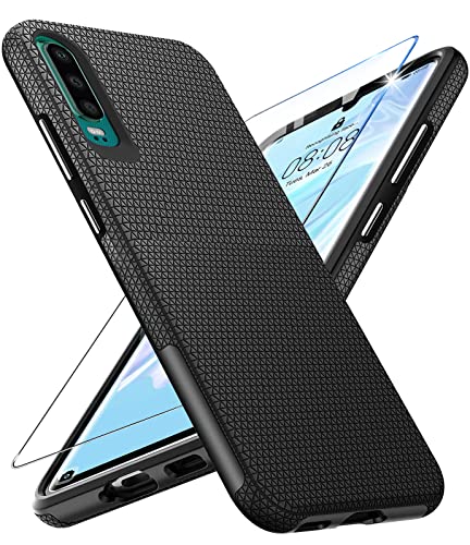 Handyhülle für Huawei P30 Hülle mit Panzerglas Schutzfolie, P30 Ständer Case Cover Bumper Stoßfest Kratzfestigkeit rutschfest Schutzhülle Silikon für Huawei P30 Hüllen (Schwarz) von Vaki