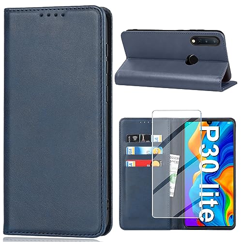 Handyhülle für Huawei P30 Lite Hülle mit Schutzfolie, Schutzhülle P30 Lite 5G PU Leder Wallet Kartenfach Ständer Klapphülle Lederhüllen Case für Huawei P30 Lite 4G Tache Cover (Blau) von Vaki