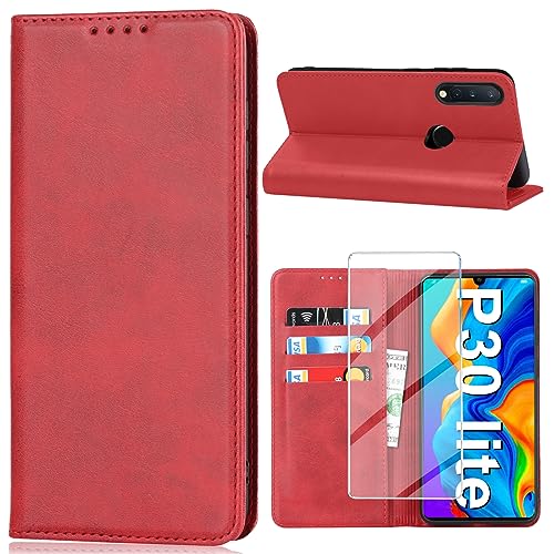 Handyhülle für Huawei P30 Lite Hülle mit Schutzfolie, Schutzhülle P30 Lite 5G PU Leder Wallet Kartenfach Ständer Klapphülle Lederhüllen Case für Huawei P30 Lite 4G Tache Cover (Rot) von Vaki