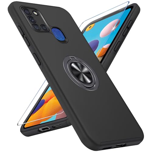 Handyhülle für Samsung Galaxy A21S Hülle mit Schutzfolie, Schutzhülle A21S Case mit Magnetischer Ring Ständer Kratzfest Fallfestigkeit Stoßfest Panzerhülle für Samsung A21S Cover (Schwarz) von Vaki