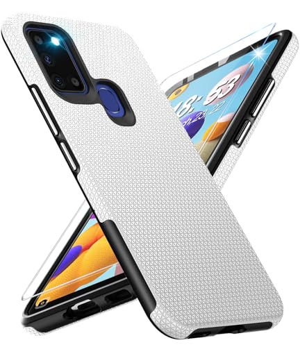 Handyhülle für Samsung Galaxy A21S Hülle mit Schutzfolie, Schutzhülle Galaxy A21S Bumper Stoßfest Case Rutschfester Textur Hard PC Rugged Hüllen Galaxy A21S Cover (Silber) von Vaki